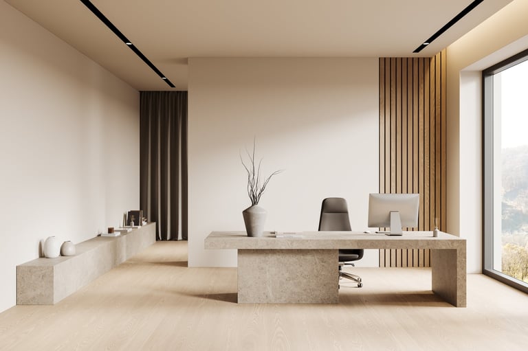 Elegant beige office interior with stone desk representing premium real estate and legal services for Turkish citizenship