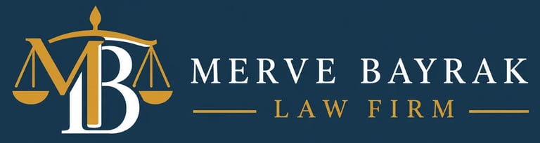 Merve Bayrak Law Firm logo with scales of justice and gold MB monogram on dark background