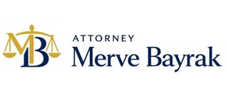 Attorney Merve Bayrak logo with gold scales of justice symbol and dark blue text