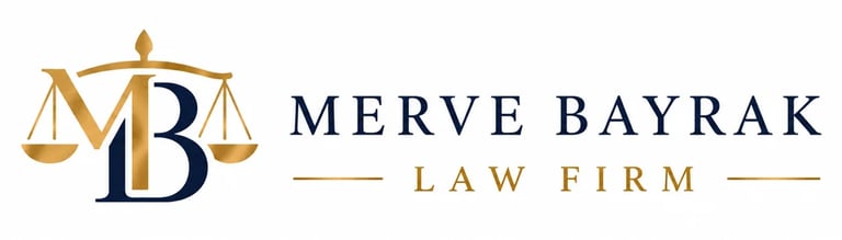 Merve Bayrak Law Firm logo featuring scales of justice and MB monogram